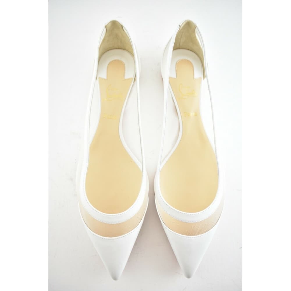 BNIB Christian Louboutin Galativi Flat White Leather Nude Mesh Pointed Ballerina